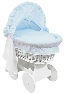 £159.99 • Buy WHITE WICKER WHEELS CRIB/BABY MOSES BASKET + COMPLETE BEDDING Blue/Cotton