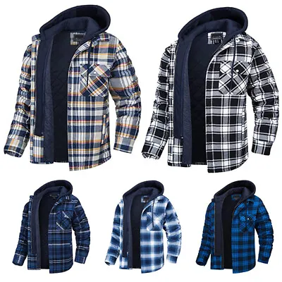 Men Winter Hoodie Jacket Fully Quilted Lined Thermal Coat Plaid Flannel   • $16.41