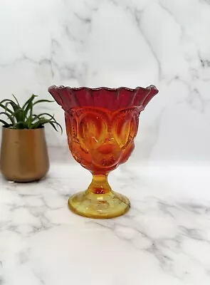 Vintage L.E. Smith Moon & Stars Red Amberina Ruffled Glass Pedestal Compote Vase • $32