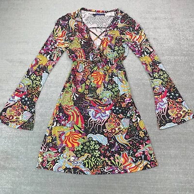 Miss Sixty Dress Women S Mini Psychedelic Print Hippie Flare Sleeve Lace Up Y2K • $99.99