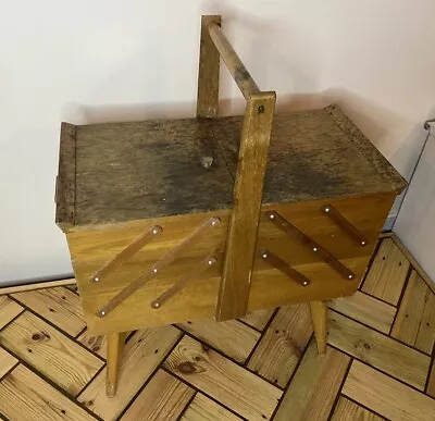 Vintage Wooden Mid Century 3 Tier Cantilever Sewing Box Basket With Legs Storage • £39.99