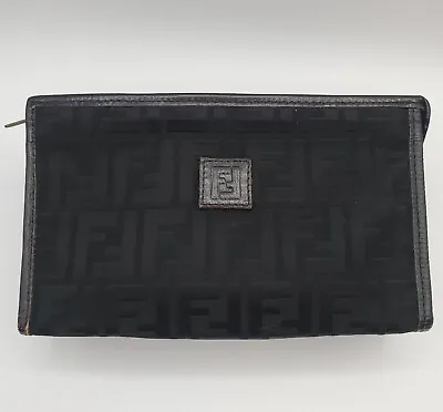 FENDI Purse 9  Black Zucca Canvas Fabric Leather Trim Cluch Bag Zip TRUE VINTAGE • $110