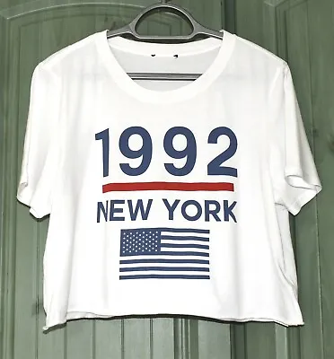 £2.90 • Buy TOPSHOP Cropped White Tee  1992 New York  & Flag In Red & Blue, Size M