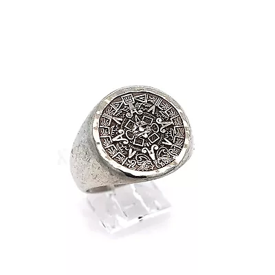 Sterling Silver Aztec Mayan Sun Calendar Sparkle-Cut Men's Statement Ring • $90