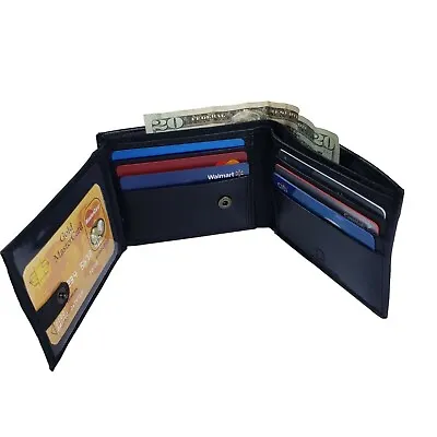 Genuine Leather Men's Traveler Bifold Wallet Button Close Inside Zipper Black • $0.99