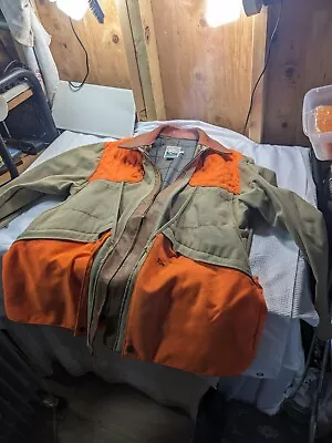 Vintage 70's 10X Hunting Shooting Jacket LEATHER TRIM SAFETY ORANGE L • $84