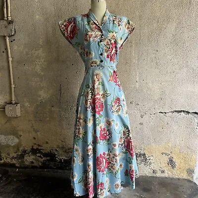 Vintage 1930s Blue Cotton Floral Print Dress Daisies Roses Mode O Day • $245