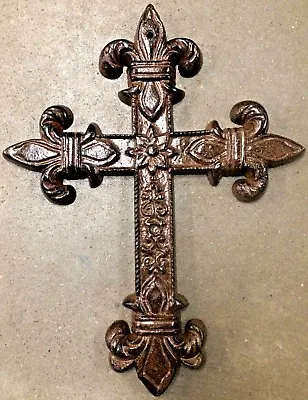 Large FLEUR DE LIS CROSS Antique Brown Patina Finish For Wall Mounting 9  X 12  • $16.94