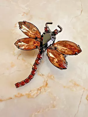 Vintage 1970's Pronged Rhinestone Amber Topaz Dragonfly Brooch  1 3/4  • $16.99