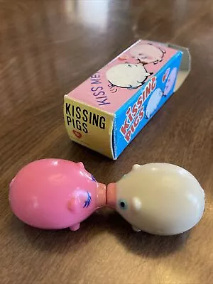 Vintage Kissing Pink & White Plastic Pigs Gimmick Magnet Toy W/BOX Trademark S • $20