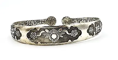 Vintage Silver Plated Asian Chinese Symbol Etched Cuff Bracelet • $26