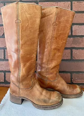 Vintage 70s FRYE Brown Leather Campus Boots 17” Tall Size 6 Label Stacked Heel • $175