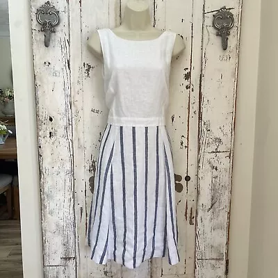 Island Company  Wellen Dress  Womans Size XL Linen White Blue Striped Cross Back • $69.95