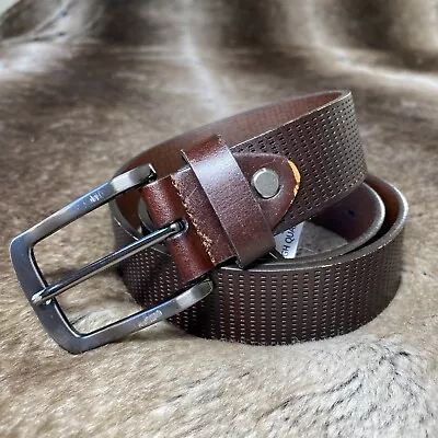 Belt Mens 36 Brown Leather Pattern Steel Tone Rectangular Buckle Nickel Free • $6.49