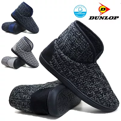 Mens Dunlop Memory Foam Slippers Boots Ankle Fleece Fur Warm Lined Knitted Shoes • £14.95