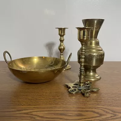 Vintage Brass Lot Trinket Dish Vase And 2 Candle Holders Ornate • $17.99