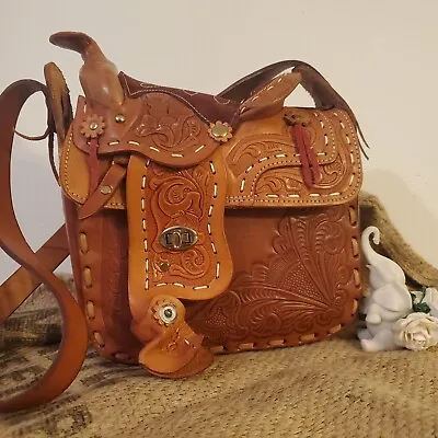 Vtg Mexican Leather Saddlebag Purse Tooled Leather Bag Horse Cowgirl Design • $175