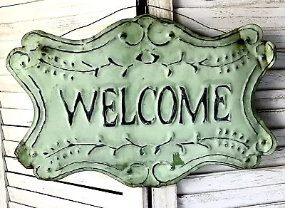 Vintage Tin Sign WELCOME 19”x12” Rustic Cottage Decor Farmhouse Green • $22