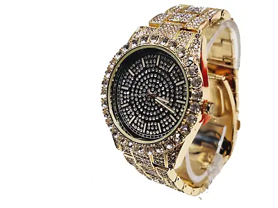 Techno Pave Gold Bezel & Black Face Band Studded Iced Faux  Diamond Mens Watch • $22.99