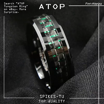 Men's Jewelry 8Mm Tungsten Ring With  Black And Green Carbon Fiber Wedding Band • $15.99