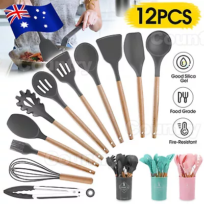$22.95 • Buy Set Of 12x Wooden Cooking Silicone Utensils Set Kitchen Baking Cookware BPA