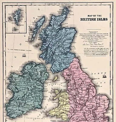 OLD 1853  ENGLAND IRELAND  Map ORIGINAL Wales Scotland London Dublin Glasgow • $39.88