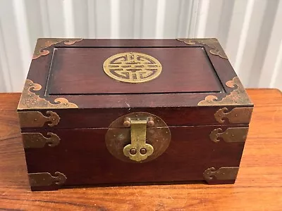Vintage Chinese Asian Brass Wood Jewellery Chest Box • $170