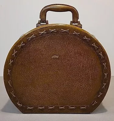 Vintage Hat Leather Box Round Brown Suitcase Travel Train Case Box  • $49.99