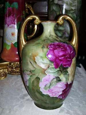 Beautiful 13 ½ Inch Limoges Muscle Vase Decorated With HP Roses • $495