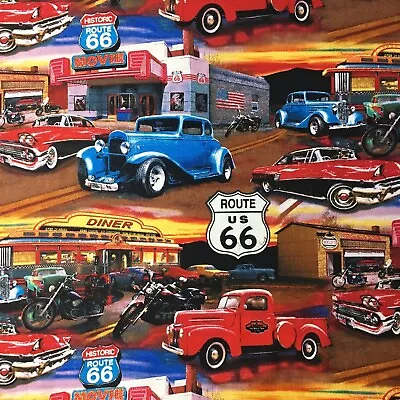 Retro Vintage Cars At The Diner Route 66 Muscle Cars Sewing Quilting Fabric FQ • $6.75