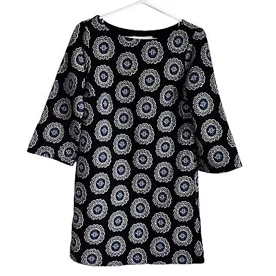 LOFT Shift Dress Mod Style Medallion Print Bell Sleeve Black Blue Women’s Small • $15.96