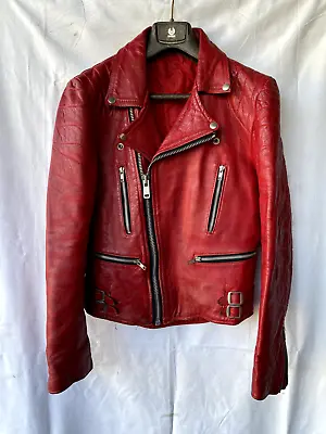 Vintage Biker Leather Jacket Motorcycle Zips Red Padded Punk Rock Sz XS-S? 36-38 • $155.42