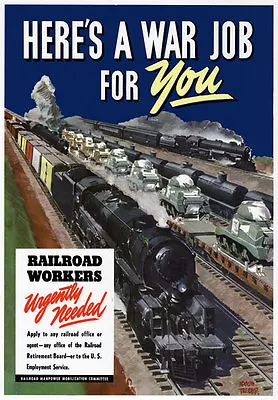 2W37 Vintage WWII Railroad Railway Workers Needed Wartime War Poster WW2 A4 • £2.93