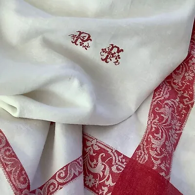 Antique Vintage French Red White Damask Linen TableCloth  Monogram PF  89  X 57  • $145