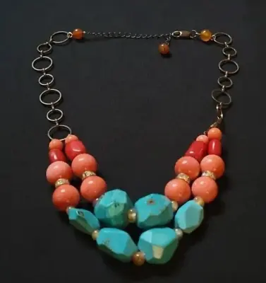 Vintage Mediterranean Coral Turquoise Copper Drop Necklace • $30
