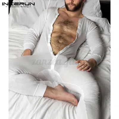INCERUN Mens All In One Baselayer Jumpsuit Playsuit Underwear BodySuit Button Up • £20.38