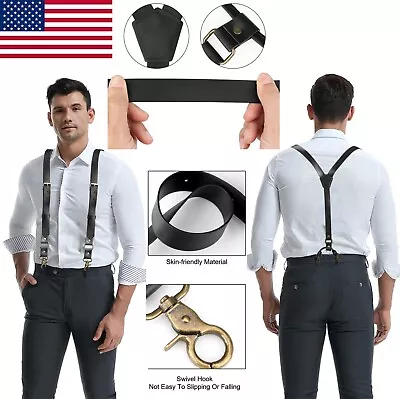 Men's Y-strap Leather Suspenders Vintage Belt Four Hooks Buckle Adjustable USA • $15.99