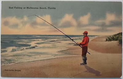 Vintage Postcard Surf Fishing Melbourne Beach Florida Linen AA14 • $4.65