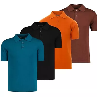 NEW MADCAP MENS RETRO 60s 70s MOD KNITTED BRANDO SHORT SLEEVE POLO SHIRT MC585 • £23.60