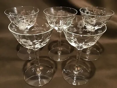 Vintage Set Of 5 Stemmed Clear Etched Glass Floral Wine Glasses • $20