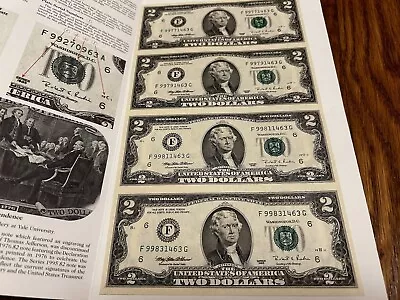 Sheet Of 4 $2 Dollar Bills Bureau Of Printing Engraving 1995   Washington DC • $19.99