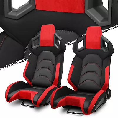 Pure Black+Red Reclinable PVC Car Racing Seats Pair [Pure Series] W/Slider L&R • $410