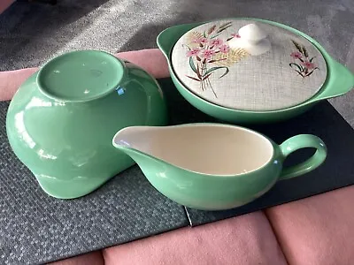 2 X J&G Meakin SOL 391413 Green Pink  Flower Design Veg Bowls 1 Lid & Gravy Jug • £14