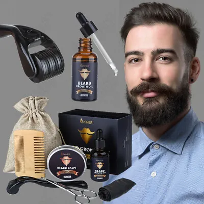 £10.99 • Buy 8Pcs Men Beard Growth Oil Grooming Kit Derma Roller Mustache Care Balm Scissor