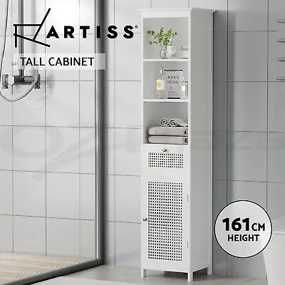 Artiss Bathroom Cabinet Storage 161cm White Rattan Tallboy Toilet Cupboard • $94.95