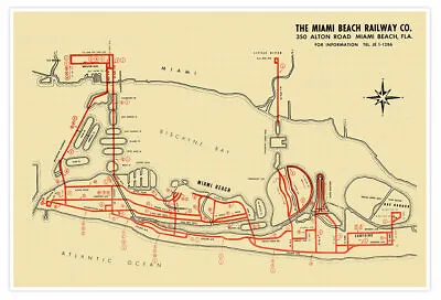 Elegant Map Of Miami Beach Florida Railway Circa 1955 - Vintage Reprint 16 X 24 • $19.97