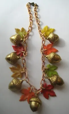 VINTAGE Celluloid~Brass FALL LEAVES & ACORNS Charm Necklace • $58