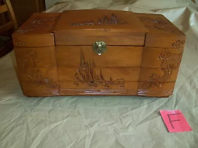 Mcm Carved Wood Jewelry Storage Chest Box Oriental Asian Chinese Dragon Pagoda • $72.97