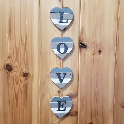 £4.99 • Buy Hanging Hearts LOVE Wall Hanger Wooden Seaside Nautical Themed Blue Stripes.