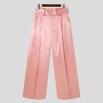 Fashion Men High Waist Silky Satin Wide Leg Trousers Casual Loose Pants Bottoms • $19.22